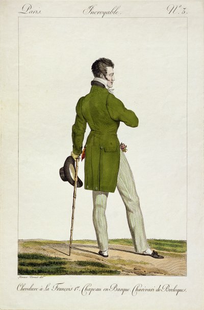 Egy Dandy „Francois I” frizurával, bűbájok és csecsebecsék gyűjteményével, az „Incroyable et merveilleuses” divattányér-sorozat 3. táblája, Georges Jacques Gatine (1773-1831) pub metszetével alkotó: Antoine Charles Horace Vernet