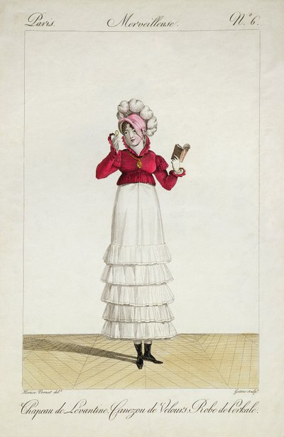 Egy hölgy levantei kalapban, többszintes szoknyában és bársony kabátban, 6. tábla az "Incroyable et merveilleuse" divatlap-sorozatból, Georges Jacques Gatine (1773-1831) metszete, megjelent 1797-ben a következő kiadványban. alkotó: Antoine Charles Horace Vernet