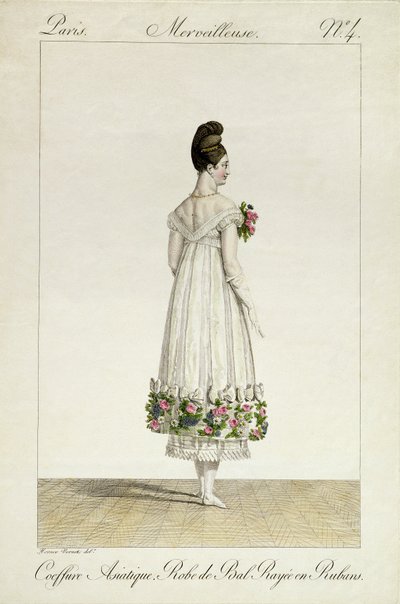 Ázsiai frizurájú hölgy szalaggal szegett gömbruhában, 4. tábla az „Incroyable et merveilleuse” divattányér-sorozatból, Georges Jacques Gatine (1773-1831) metszetével, megjelent 1 alkotó: Antoine Charles Horace Vernet