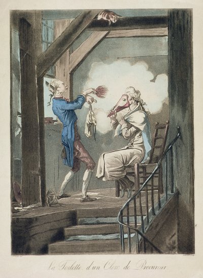 Egy ügyvédi hivatalnok toalettje, Philibert Louis Debucourt (1755-1832) metszete. alkotó: Antoine Charles Horace Vernet