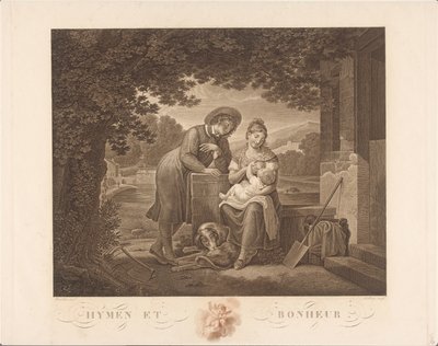 Fiatal család kutyával Hymen et Bonheur (cím a tárgyon) alkotó: Antoine Claude François Villerey