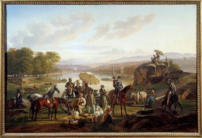 Lyoni művészek megállója a lyoni Barbe-szigeten A festők és zenészek pihennek egy lovaglás közben. Antoine Duclaux (1783-1868) festménye 1824 V. 0,86x1,31 m Lyon, Musee des Beaux Arts alkotó: Antoine Duclaux