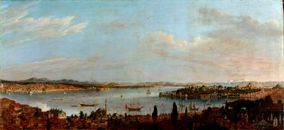 Panorámás kilátás Isztambulra, Törökország"" (Isztambul panorámája) Antoine Favray festménye (1706-1791) Olaj, vászon 18. század Mérete 100x213 cm Pera Múzeum, Isztambul alkotó: Antoine Favray
