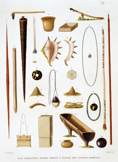 Háztartási eszközök és fegyverek a Marianas-szigetekről, a Voyage autour du Monde-ból (1817-20), Louis Claude De Saulces de Freycinet (1779-1842) vésette: Jean Louis Denis Coutant (1776-1831), p. alkotó: Antoine Germain Bevalet