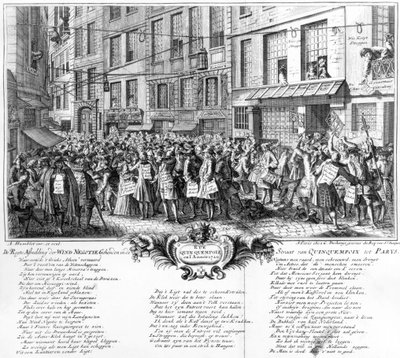 Befektetők a Banque Royale főhadiszállása előtt a Rue Quincampoix-ban, Párizs, 1720 alkotó: Antoine Humblot