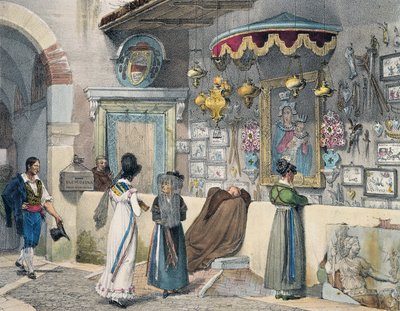 Polgárok imádkoznak Rómában, Antoine Jean-Baptiste Thomas (1791-1834), metszet az Év Rómában, Franciaországból. alkotó: Antoine Jean-Baptiste Thomas