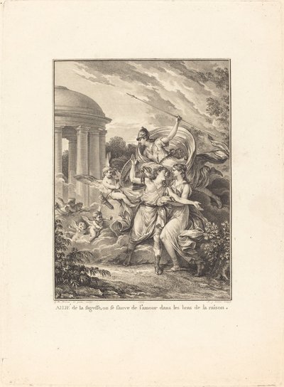 Elülső rész: A bölcsesség segítségével a szerelem elől az értelem karjaiba menekülünk alkotó: Antoine Jean Duclos after Jean Michel Moreau