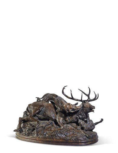 Tíz hegyes szarvas, két skót agár padlójával, 1840 körül (bronz) alkotó: Antoine Louis Barye