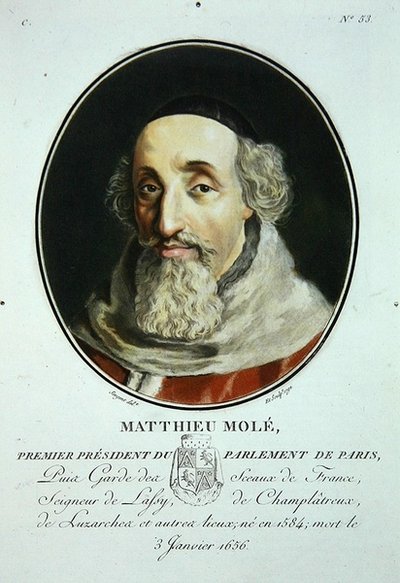 Matthieu Mole, a "Portraits des Grands Hommes, femmes illustres, et sujets memorables de France, grave et imprimes en couleurs" című kötetből, kiadó: Pierre Blin. alkotó: Antoine Louis Francois (after) Sergent-Marceau