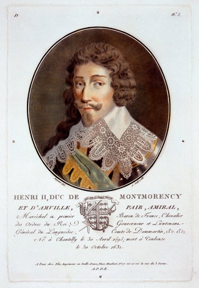 Henri II, Duc de Montmorency et dAmville, Nagy férfiak, jeles nők és emlékezetes francia alanyok portréiból, metszett és színesben nyomtatva, Pierre Blin, 1786-92, Párizs (kb. alkotó: Antoine Louis Francois Sergent-Marceau
