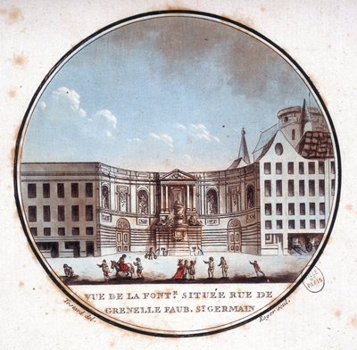 Kilátás a rue de Grenelle Faubourg Saint Germain szökőkútjára, Grenelle jelenlegi szökőkútjára. Őrmester prittoreszk kilátásában Párizs fő épületeire alkotó: Antoine Louis Francois Sergent-Marceau