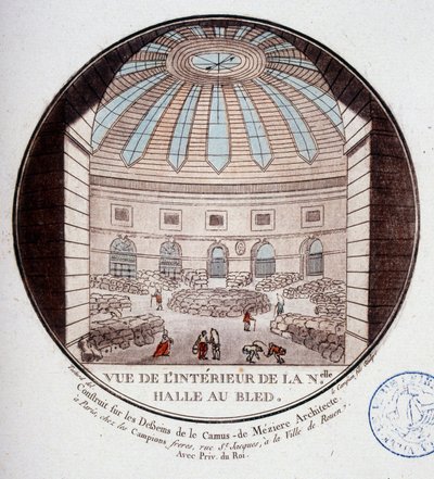Kilátás a Le Camus de Mézières által 1763 és 1766 között épített új vásárcsarnok belsejére, amely ma a párizsi tőzsde. Őrmester prittoreszk kilátásában Párizs fő épületeire alkotó: Antoine Louis Francois Sergent-Marceau