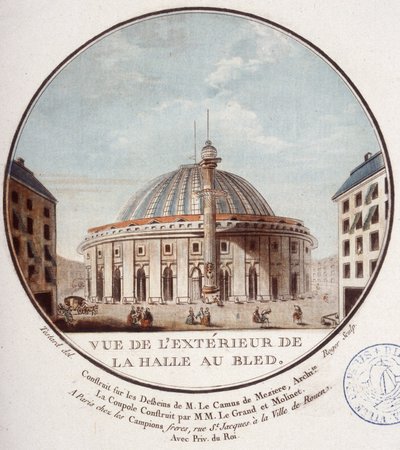 Kilátás a Le Camus de Mézières által 1763 és 1766 között épített búzapiacra, Párizsra, amely ma a párizsi tőzsde. Őrmester prittoreszk kilátásában Párizs fő épületeire alkotó: Antoine Louis Francois Sergent-Marceau