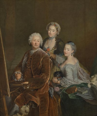 Önarckép a festőállvány előtt Henriette Joyard és Marie de Rège lányaival alkotó: Antoine Pesne