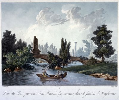 Híd a Tour du Gouverneur-hez a Parc Monceau-ban, Chapuy metszete (akvatinta) alkotó: Antoine Pierre after Mongin