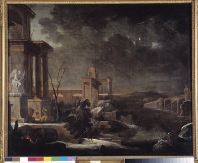 Ősi romok tája hajnalban alkotó: Antoine Pierre the Younger Patel