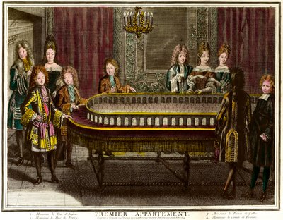 Philippe francia, Anjou hercege, majd spanyol király (1683-1746), Károly, Berry herceg (1686-1714) és walesi herceg portékán játszik XIV. Lajos első versailles-i lakásában – Antoine Trouvain metsze (1656) -1708) Magángyűjtemény - Cha alkotó: Antoine Trouvain