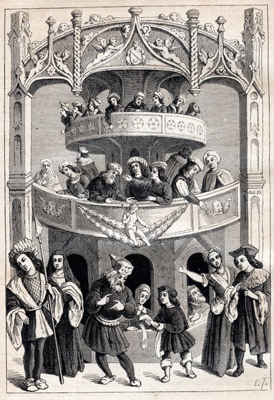 Antoine Verard (aktív 1485-1512) „” Le Grant Therence en Francois” frontispice – színházi ábrázolás a 16. században alkotó: Antoine Verard