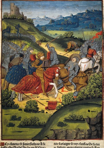 Lancelot csatában - VERARD, Antoine (XV. század). angol kiadó és könyvkereskedő.; LANCELOT (6. sz.). Arthur király udvarának lovagja. Lancelot egy csatában. Antoine Verard „Lancelot du Lac”-jának illusztrációja (1494). Gótikus művészet. Miniatűr festészet. alkotó: Antoine Verard