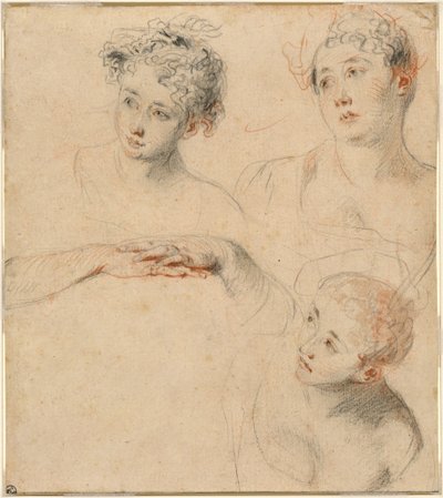 Három tanulmány egy női fejről és egy tanulmány a kezekről [recto] alkotó: Antoine Watteau