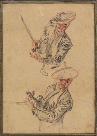 Két tanulmány a hangszerét hangoló hegedűsről alkotó: Antoine Watteau