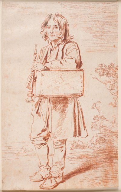 Fiatal Savoyard. Teljes alak en arc v.v., áll, egyik vállán egy doboz függ a mormotával, kezében a furulyát tartja alkotó: Antoine Watteau