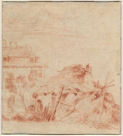Kilátás egy házra, egy kunyhóra és két figurára [verso] alkotó: Antoine Watteau