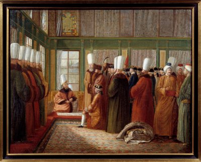 Oszmán Birodalom: „” Franciaország nagykövetének fogadása XVI. Lajos király szolgálatában Törökországban”” Antoine de Favray festménye (1706-1791) 18. századi Marseille, Musee de la Marine – Oszmán Birodalom fogadása: francia nagykövet alkotó: Antoine de Favray