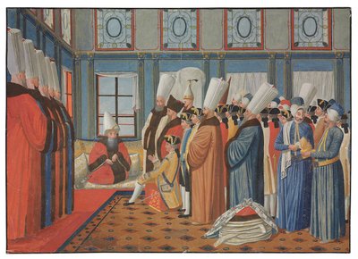 De Vergennes gróf, XV. Lajos nagykövetének bemutatása Reis Effendinek, az oszmán szultán nagyvezírjének, "Uthman III" 1755. május 31-én alkotó: Antoine de Favray