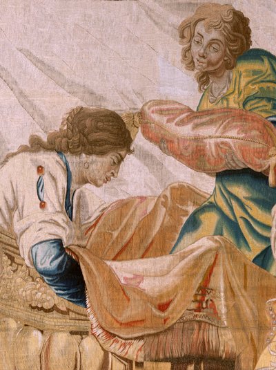 Flamand kárpit. sorozat Thészeusz története. Bacchus feleségül veszi Ariadnét (Baco toma a Ariadna por esposa). Kilencedik kárpit a sorozatban. Anthonis Sallaert modell. Gyártás Jan Raes the Younger, Brüsszel. 1630 körül; Szövet Selyem és gyapjú. Mérete 39 alkotó: Antoine or Anthonis Sallaert