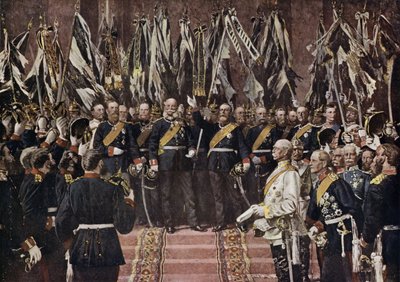 I. Vilmos porosz királyt az egyesült Németország császárává kiáltották ki Versailles-ban, Franciaországban alkotó: Anton Alexander von (after) Werner