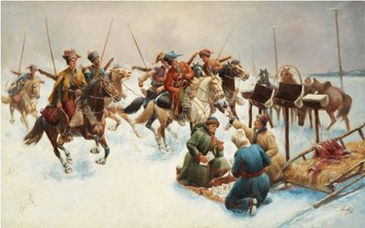 Téli táj kozákokkal (postai kézbesítés) - Adolf Baumgartner Stoiloff (Baumgartner-Stoiloff) festménye (1850-1924), olaj, vászon, 82x130 cm - Magángyűjtemény alkotó: Anton Baumgartner-Stoiloff