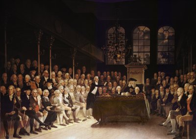 William Pitt beszédet mond az alsóházban az 1793-as francia háborús nyilatkozatról alkotó: Anton Hickel