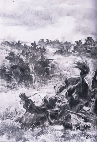 A 14. orosz lovasdandár veresége Praszysznál, a The Illustrated History of the World War 1914-1915 pub. az Union Berlagsefellfchaft alkotó: Anton Hoffman