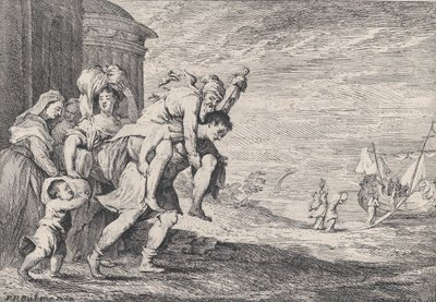 Aeneas menekül Trójából, balra egy hat alakból álló csoport hagyja el a várost, Aeneas viszi..., 1728. alkotó: Anton Joseph von Prenner