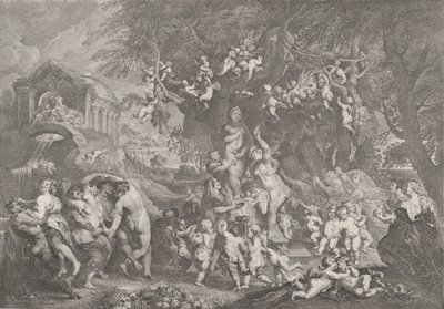 Vénusz ünnepe, szatírok, nimfák és puttik táncoló csoportjai Ve... szobra körül, 1732. alkotó: Anton Joseph von Prenner