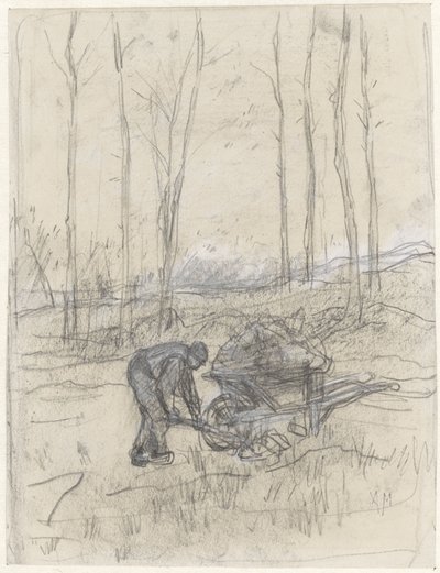 Farmer dolgozik egy talicskával az erdőben alkotó: Anton Mauve