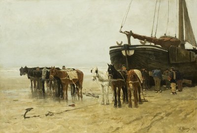 Holland: Bomschuit vontató lovakkal a scheveningeni strandon Halászhajó vontató lovakkal a scheveningeni strandon alkotó: Anton Mauve