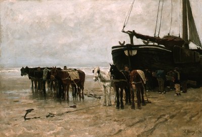 Holland: Bomschuit vontató lovakkal a scheveningeni strandon Halászhajó vontató lovakkal a scheveningeni strandon alkotó: Anton Mauve