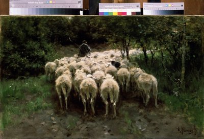 Birkák az erdőben. Birkák az erdőben. Pásztor egy marhacsordával hátulról nézve. Anton Mauve (1838-1888) festménye. Olajfestmény. holland festészet. Puskin Szépművészeti Múzeum, Moszkva alkotó: Anton Mauve