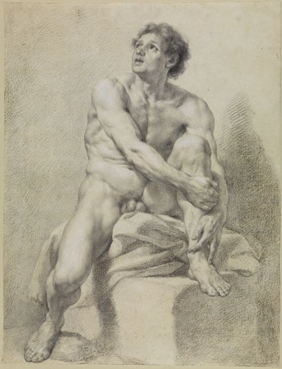 Ülő férfi akt, nagyjából elölnézetben, a bal lábát felemelve, mindkét kezével megtámasztva alkotó: Anton Raphael Mengs
