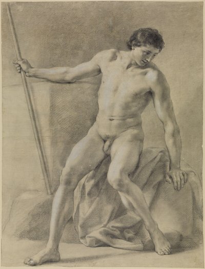 Ülő férfi akt, majdnem szemből, bottal a jobb kezében, lefelé tekintve alkotó: Anton Raphael Mengs
