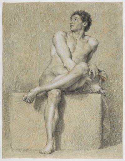 Ülő férfi akt, szemből, bal lábát a jobb fölé téve, felfelé tekintve alkotó: Anton Raphael Mengs