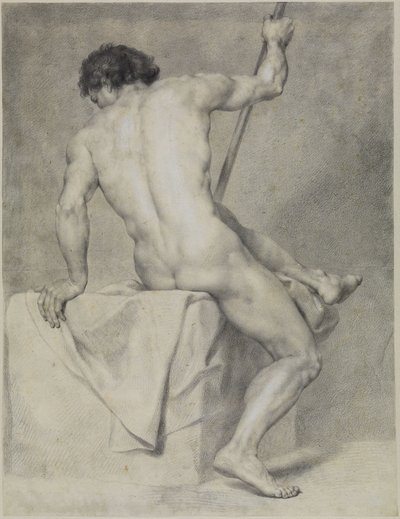 Ülő férfi akt hátulnézetben, bal kezével megtámaszkodva, jobb kezében egy botot tartva alkotó: Anton Raphael Mengs