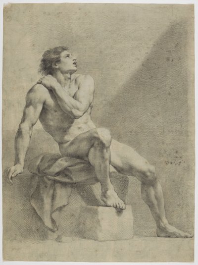 Ülő férfiakt, ferdén jobbra, felfelé tekintve alkotó: Anton Raphael Mengs