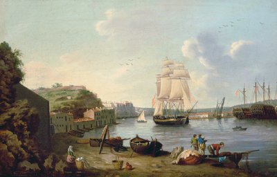 Hajó vitorlás alatt a Port Mahon, Minorca kikötőjében alkotó: Anton Schantz