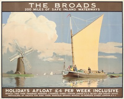 The Broads: Holidays Afloat”, egy reklámplakát (színes litográfia) alkotó: Anton Van Anrooy
