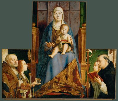 Szent Mária és gyermeke Bari Szent Miklóssal, Anasztáziával, Ursulával, Dominikussal és Helénával. alkotó: Antonello da Messina