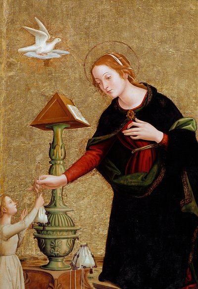 Részlet a Szűzről, az Angyali üdvözletből Juan de Torquemada bíborossal (festmény, 1460 körül) alkotó: Antoniazzo Romano