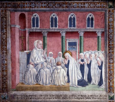 Szent Ferenc Romana élete: A szent és az oblátusok felajánlják magukat a bencés rendnek, és letelepednek a római Santa Maria Nova templomban (freskó alkotó: Antoniazzo Romano